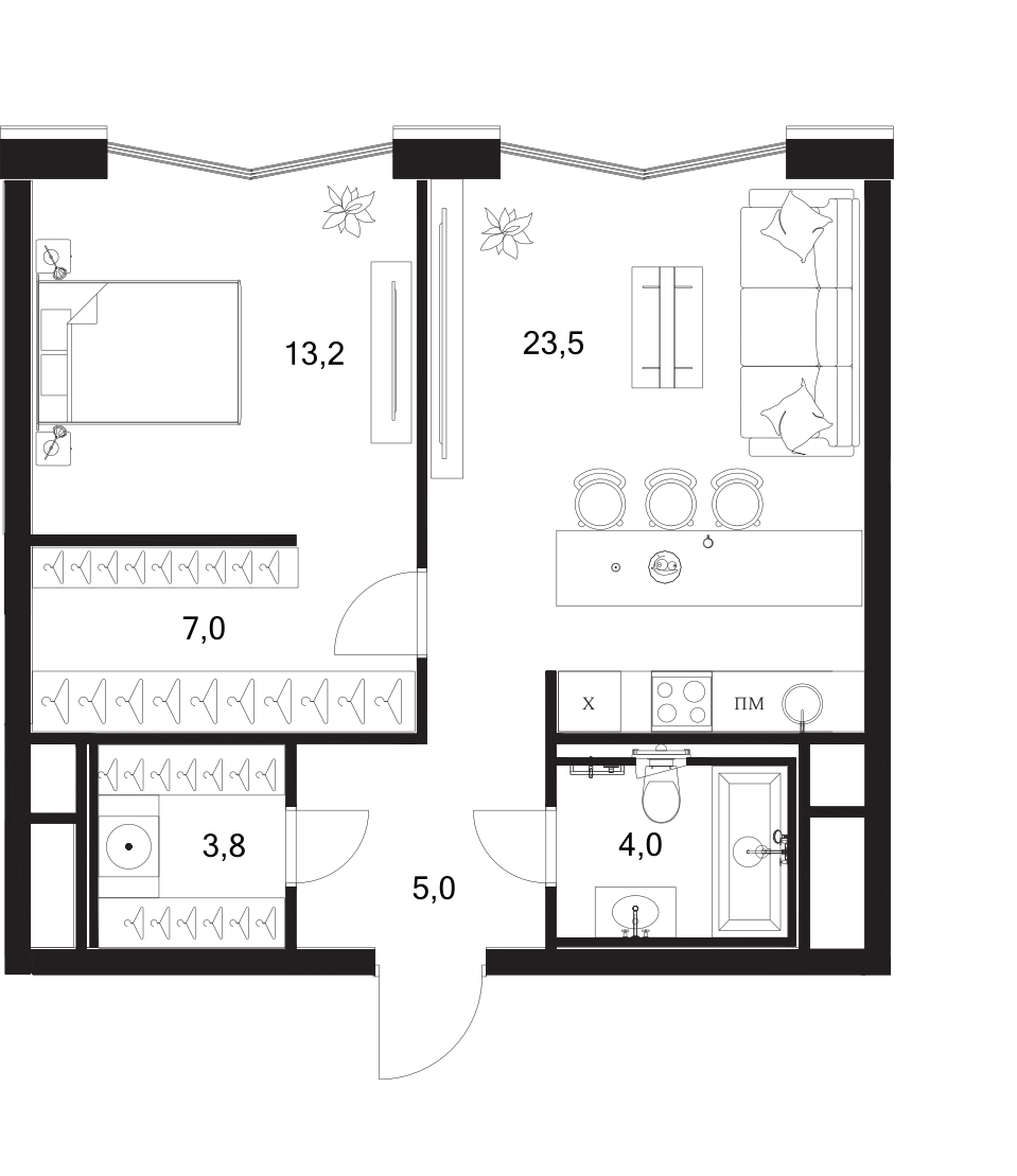 Планировка евродвушка (2Е) 56.5 м² в ЖК «A. Residence», корпус А4