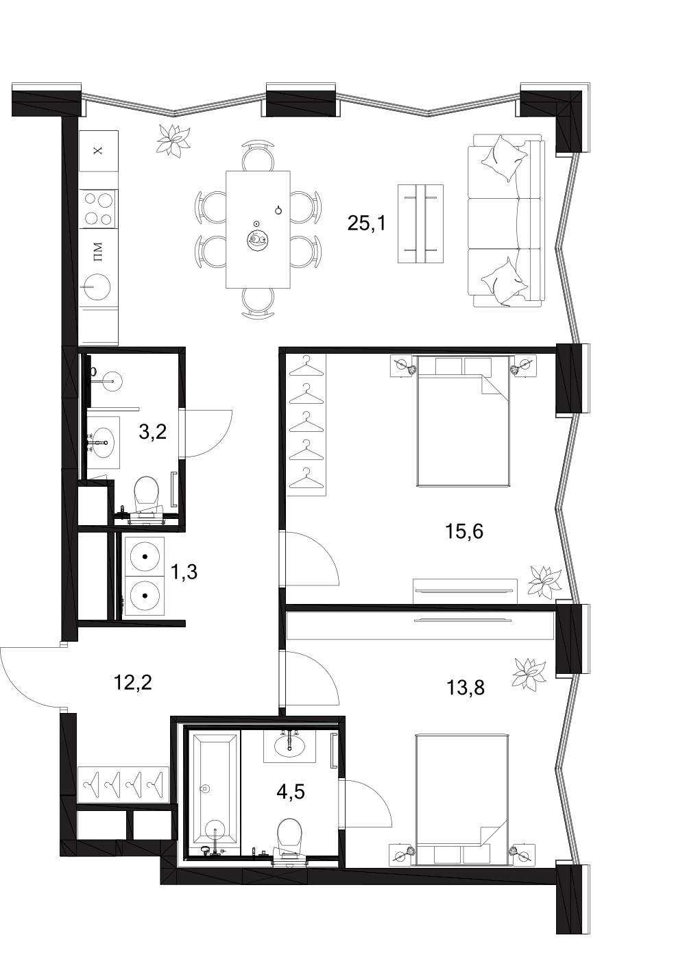 Планировка евротрёшка (3Е) 75.7 м² в ЖК «A. Residence», корпус А4