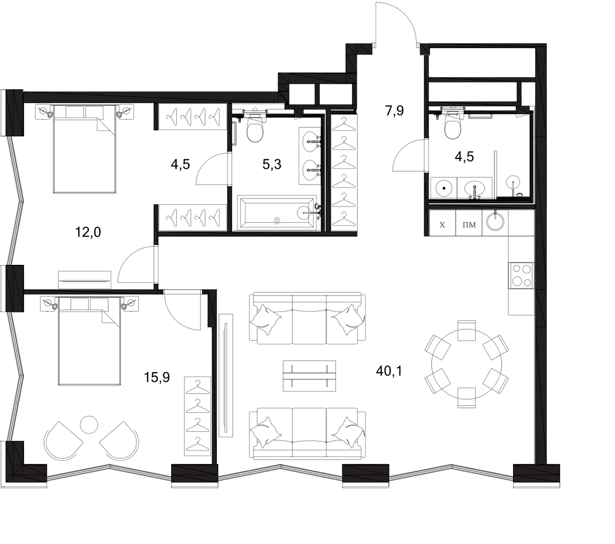 Планировка евротрёшка (3Е) 90.2 м² в ЖК «A. Residence», корпус А4
