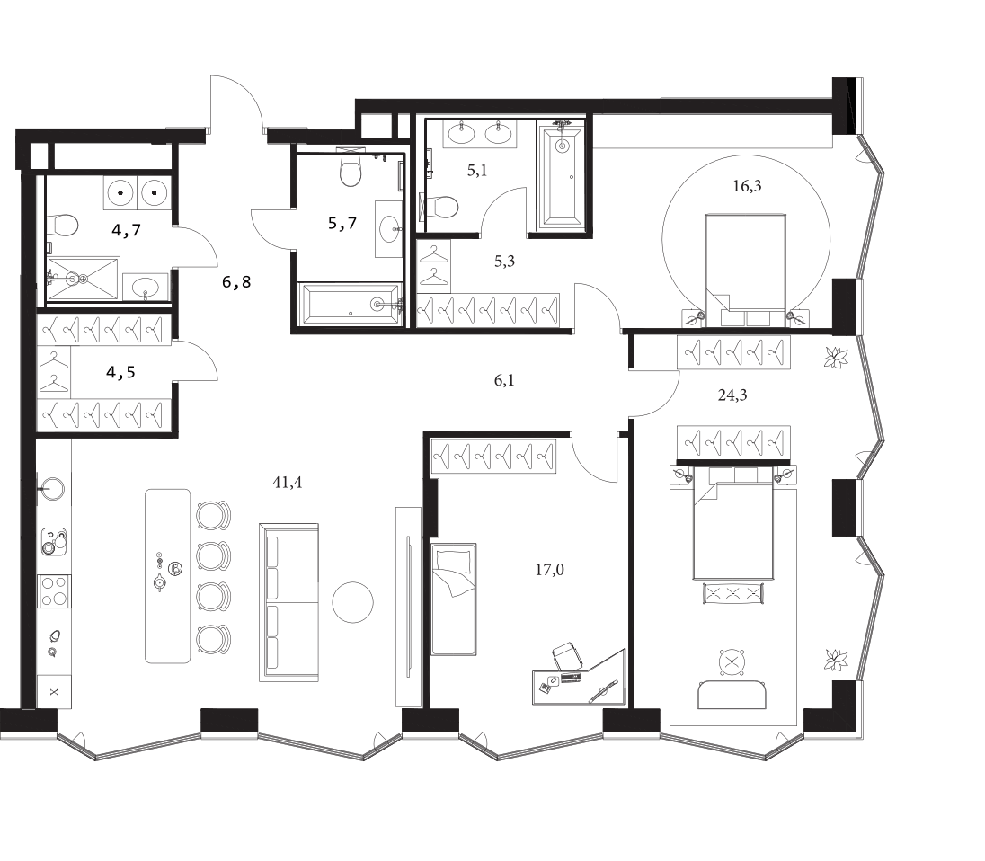 Планировка евро-4 (4Е) 137.2 м² в ЖК «A. Residence», корпус А3