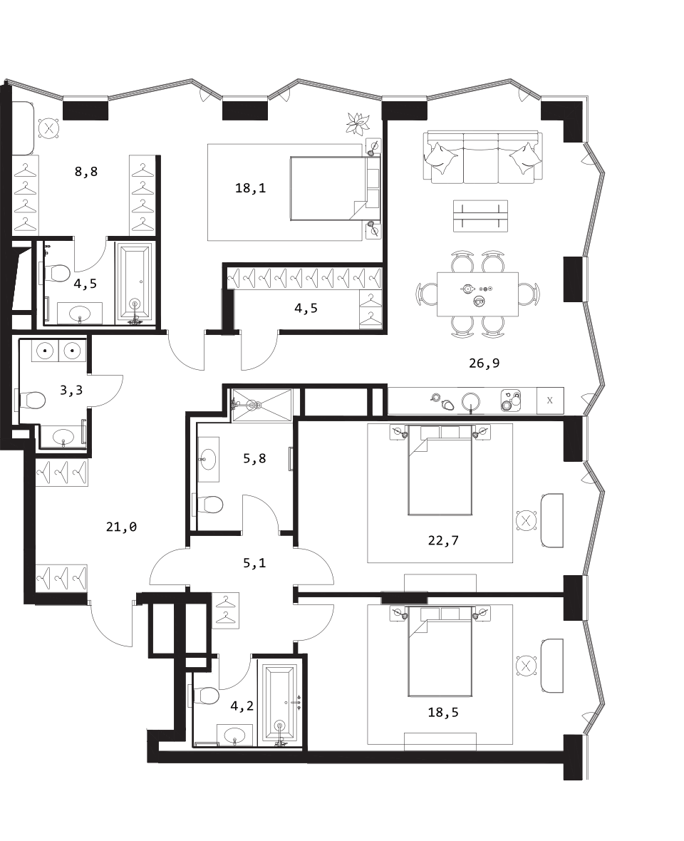 Планировка евро-4 (4Е) 143.4 м² в ЖК «A. Residence», корпус А3