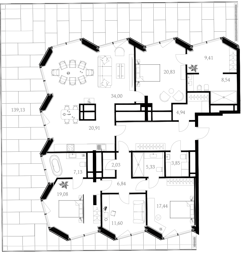 Планировка 5Е-к.кв 193.1 м² в ЖК «A. Residence», корпус А1