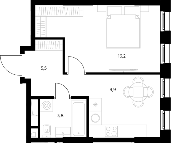 Планировка однокомнатная 35.4 м² в ЖК «Адмирал», корпус 1.4