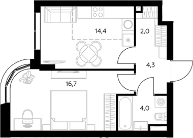 Планировка однокомнатная 41.2 м² в ЖК «Адмирал», корпус 1.1