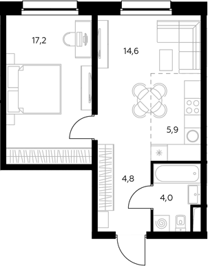 Планировка евродвушка (2Е) 47.3 м² в ЖК «Адмирал», корпус 1.1