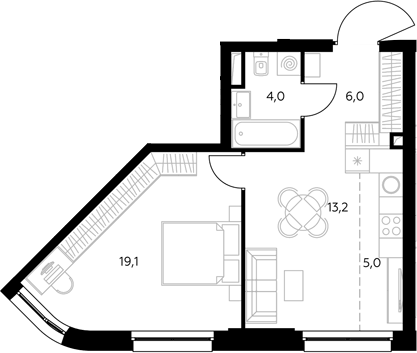 Планировка евродвушка (2Е) 47.7 м² в ЖК «Адмирал», корпус 1.1