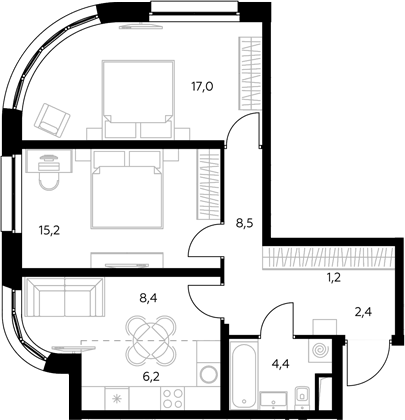 Планировка двухкомнатная 63.4 м² в ЖК «Адмирал», корпус 1.1