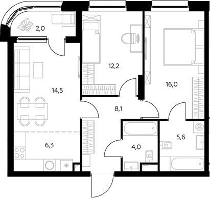Планировка евротрёшка (3Е) 69.5 м² в ЖК «Адмирал», корпус 1.1