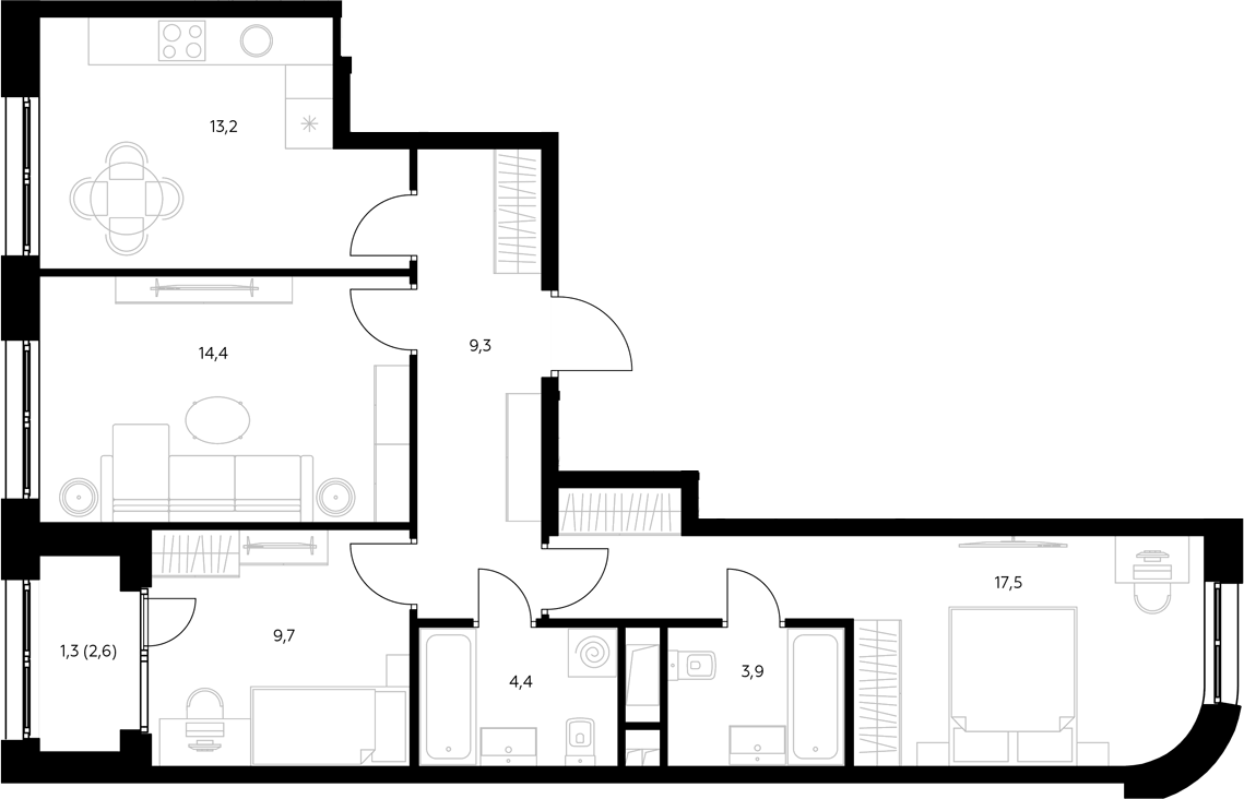 Планировка трёхкомнатная 73.7 м² в ЖК «Адмирал», корпус 1.4