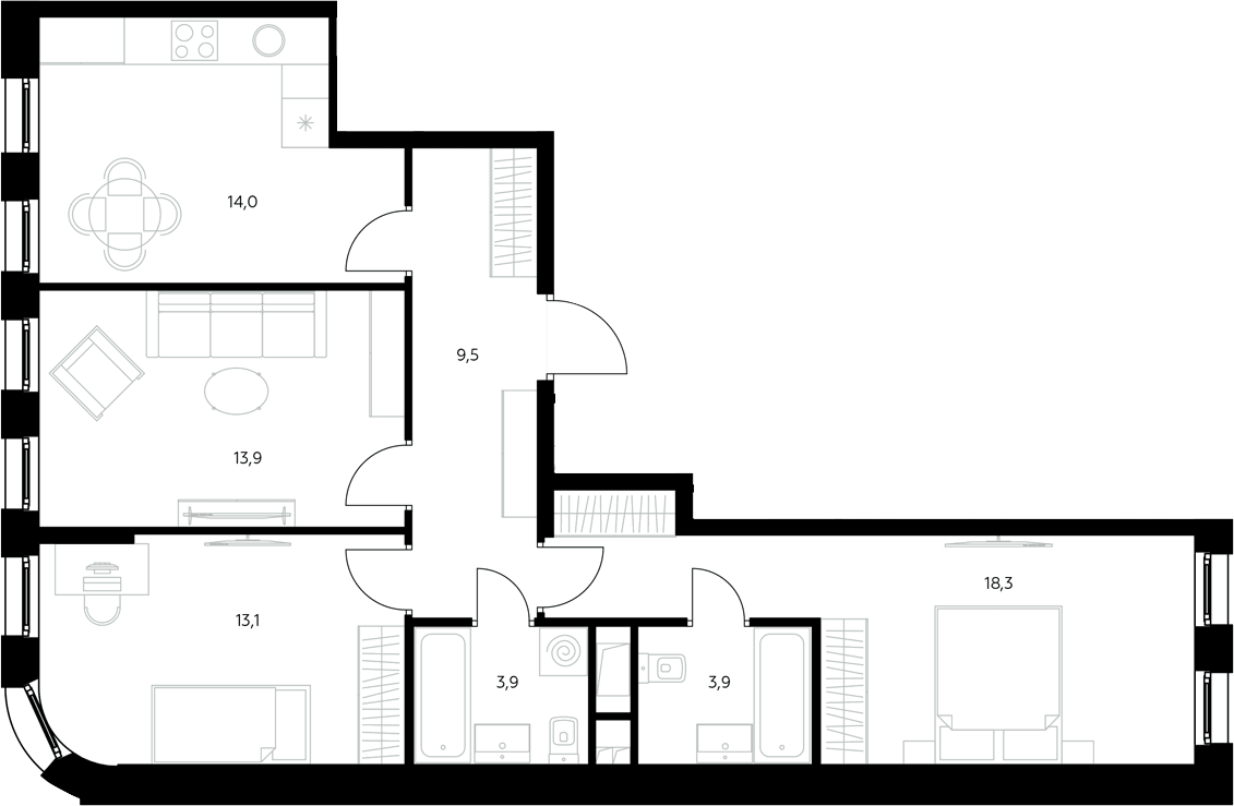 Планировка трёхкомнатная 76.6 м² в ЖК «Адмирал», корпус 1.4