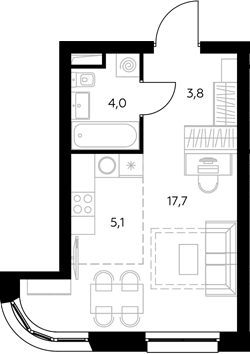 Планировка Студии 30.8 м² в ЖК «Адмирал», корпус 1.1