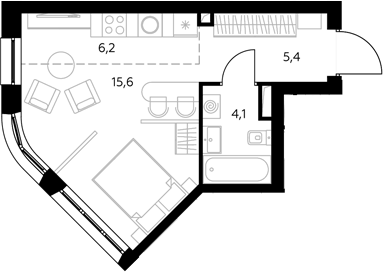 Планировка Студии 34.4 м² в ЖК «Адмирал», корпус 1.1