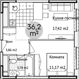 Планировка евродвушка (2Е) 37.3 м² в ЖК «Адрес», корпус 1
