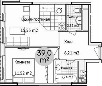 Планировка евродвушка (2Е) 40.4 м² в ЖК «Адрес», корпус 1