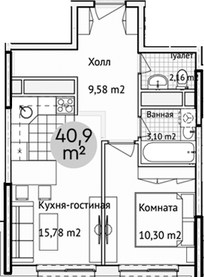 Планировка евродвушка (2Е) 44.5 м² в ЖК «Адрес», корпус 1