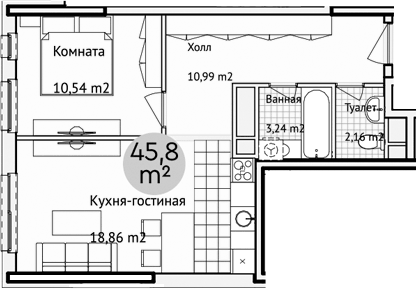 Планировка евродвушка (2Е) 46.9 м² в ЖК «Адрес», корпус 1