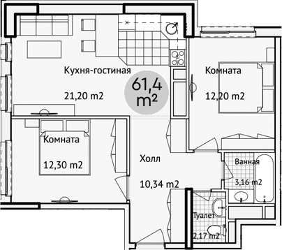 Планировка евротрёшка (3Е) 62.6 м² в ЖК «Адрес», корпус 1