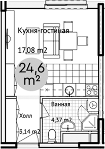 Планировка Студии 24.6 м² в ЖК «Адрес», корпус 1