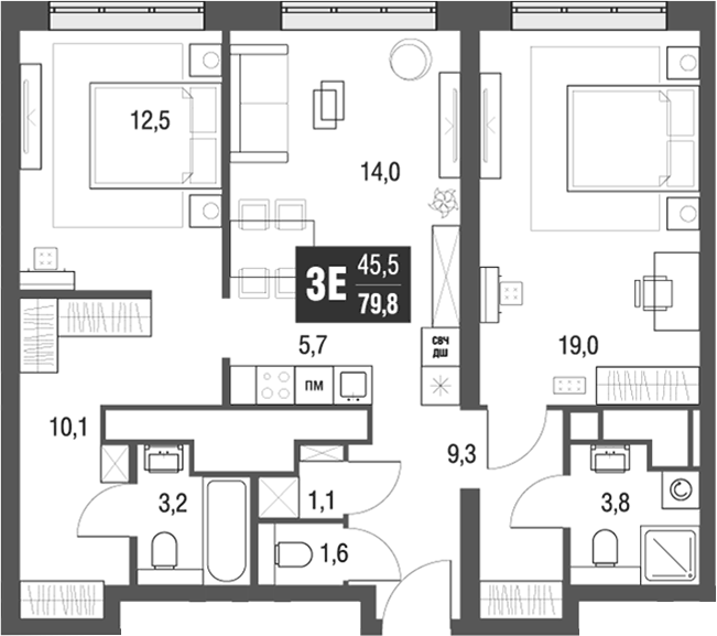 Планировка евротрёшка (3Е) 79.8 м² в ЖК «AFI Tower», корпус 1