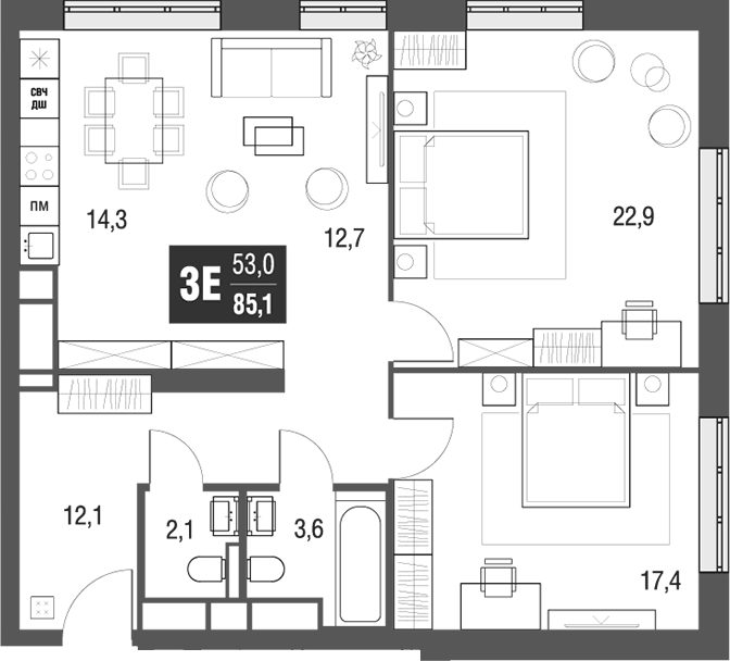 Планировка евротрёшка (3Е) 85.1 м² в ЖК «AFI Tower», корпус 1