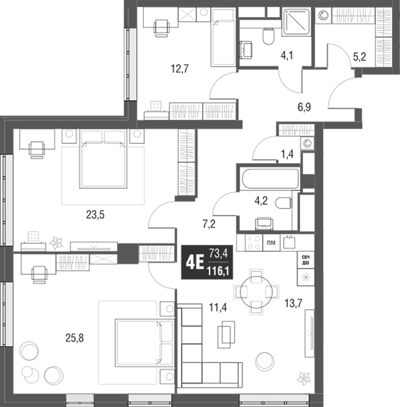 Планировка евро-4 (4Е) 116.1 м² в ЖК «AFI Tower», корпус 1