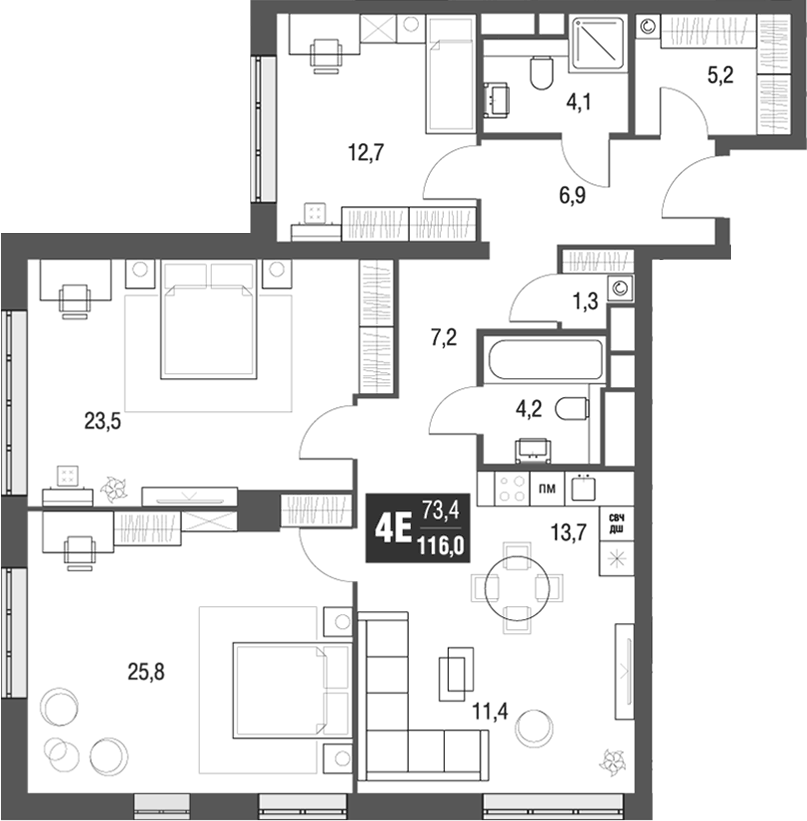 Планировка евро-4 (4Е) 116 м² в ЖК «AFI Tower», корпус 1