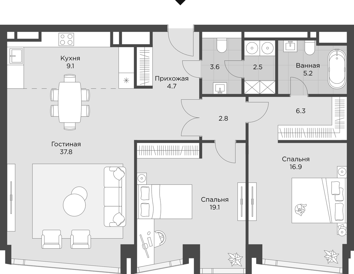 Планировка евротрёшка (3Е) 108.8 м² в ЖК «Ахед», корпус 1