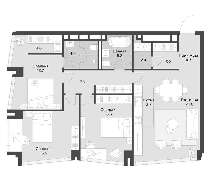 Планировка евро-4 (4Е) 108.2 м² в ЖК «Ахед», корпус 1