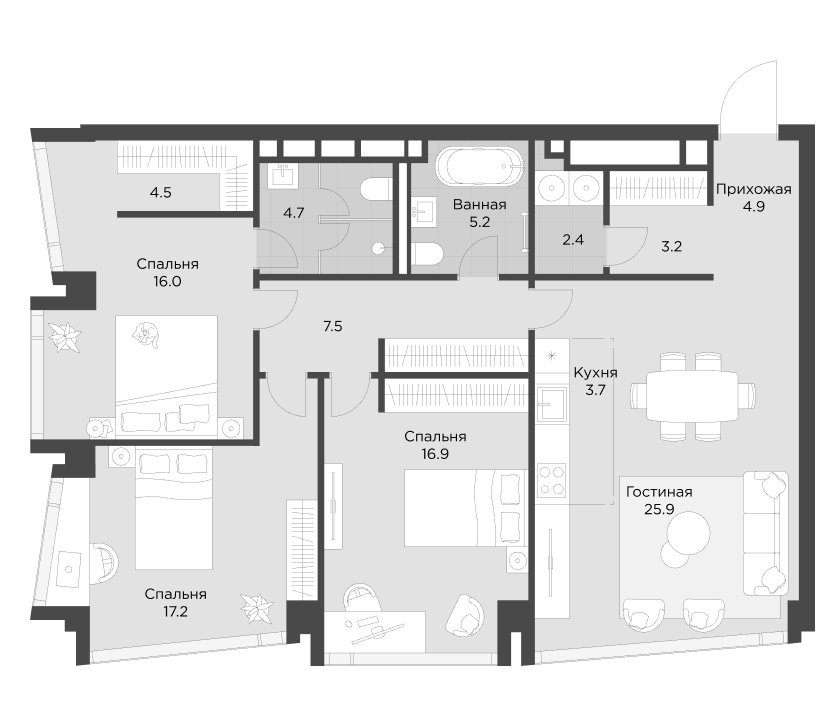 Планировка евро-4 (4Е) 108.6 м² в ЖК «Ахед», корпус 1