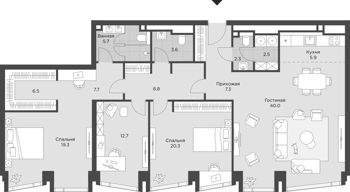 Планировка евро-4 (4Е) 143.6 м² в ЖК «Ахед», корпус 1
