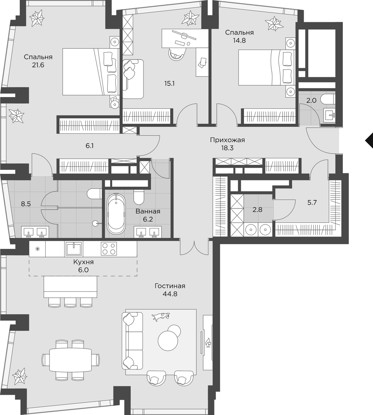 Планировка евро-4 (4Е) 151.7 м² в ЖК «Ахед», корпус 1