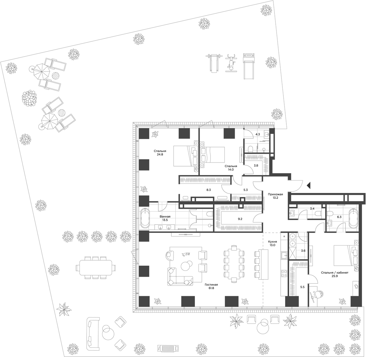 Планировка евро-4 (4Е) 489 м² в ЖК «Ахед», корпус 1