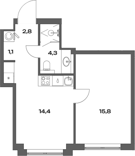 Планировка однокомнатная 38.4 м² в ЖК «Акценты», корпус 12