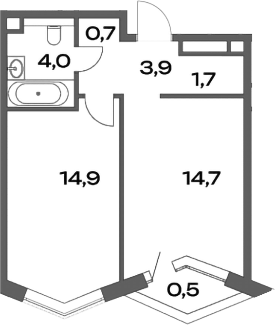 Планировка однокомнатная 40.4 м² в ЖК «Акценты», корпус 13