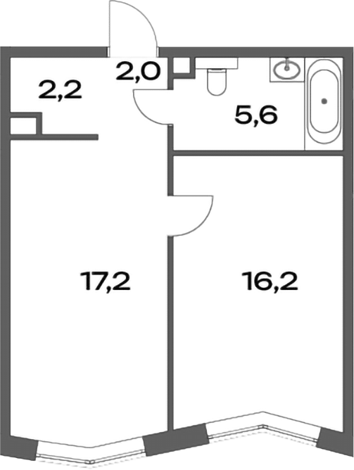 Планировка евродвушка (2Е) 43.2 м² в ЖК «Акценты», корпус 13