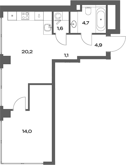 Планировка евродвушка (2Е) 46.5 м² в ЖК «Акценты», корпус 14