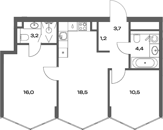 Планировка евротрёшка (3Е) 57.5 м² в ЖК «Акценты», корпус 14