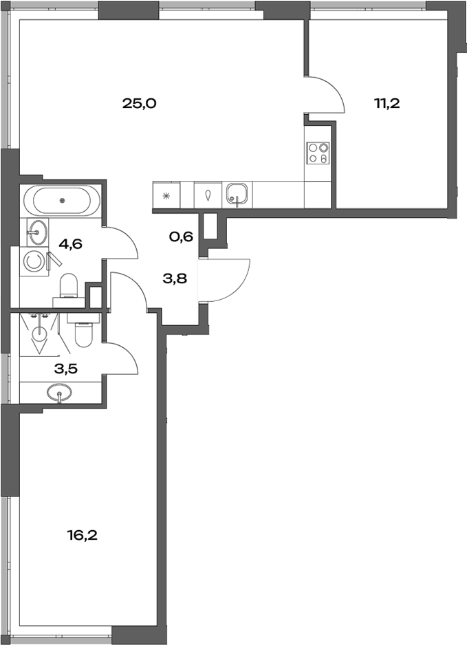 Планировка евротрёшка (3Е) 66.8 м² в ЖК «Акценты», корпус 11