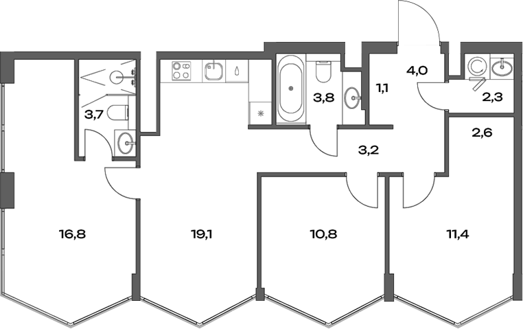 Планировка трёхкомнатная 81.4 м² в ЖК «Акценты», корпус 12