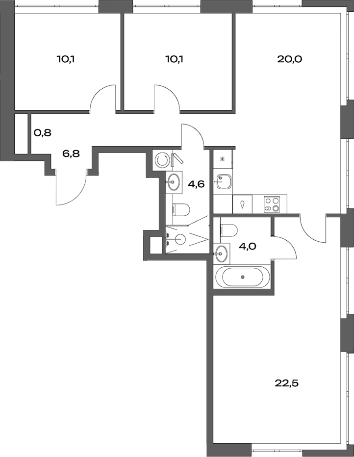 Планировка евро-4 (4Е) 80 м² в ЖК «Акценты», корпус 15