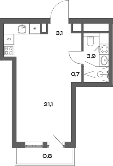 Планировка Студии 33.2 м² в ЖК «Акценты», корпус 12