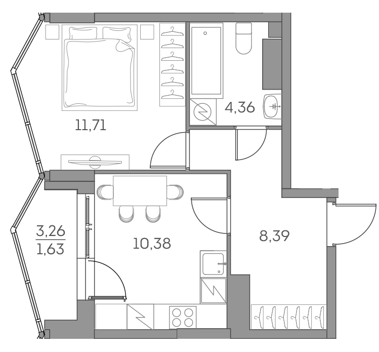 Планировка однокомнатная 36.47 м² в ЖК «Аквилон БИСАЙД 2.0», корпус 1