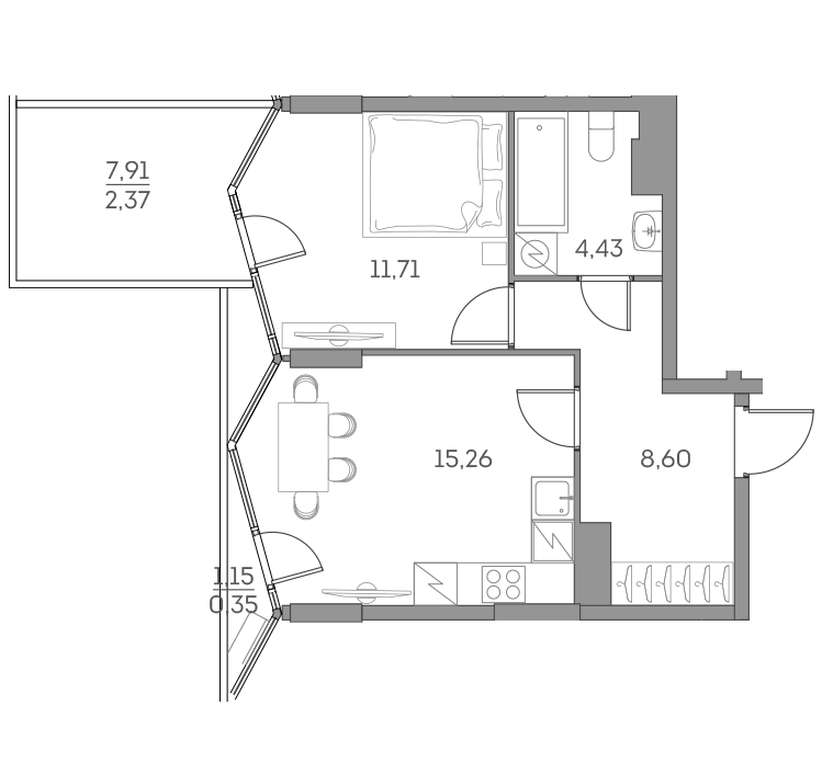 Планировка однокомнатная 42.72 м² в ЖК «Аквилон БИСАЙД 2.0», корпус 1