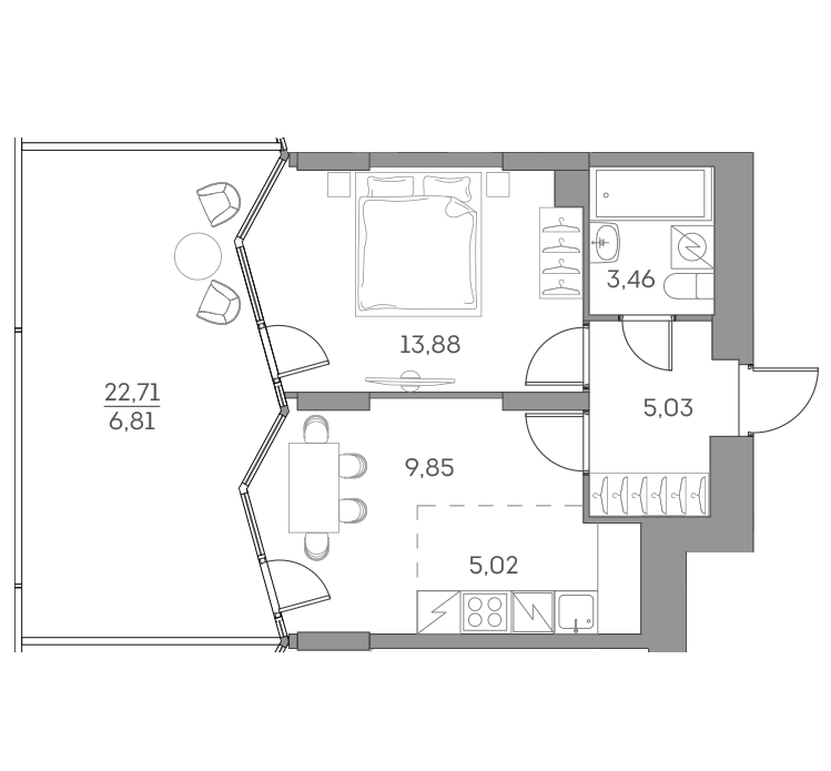 Планировка евродвушка (2Е) 44.05 м² в ЖК «Аквилон БИСАЙД 2.0», корпус 1