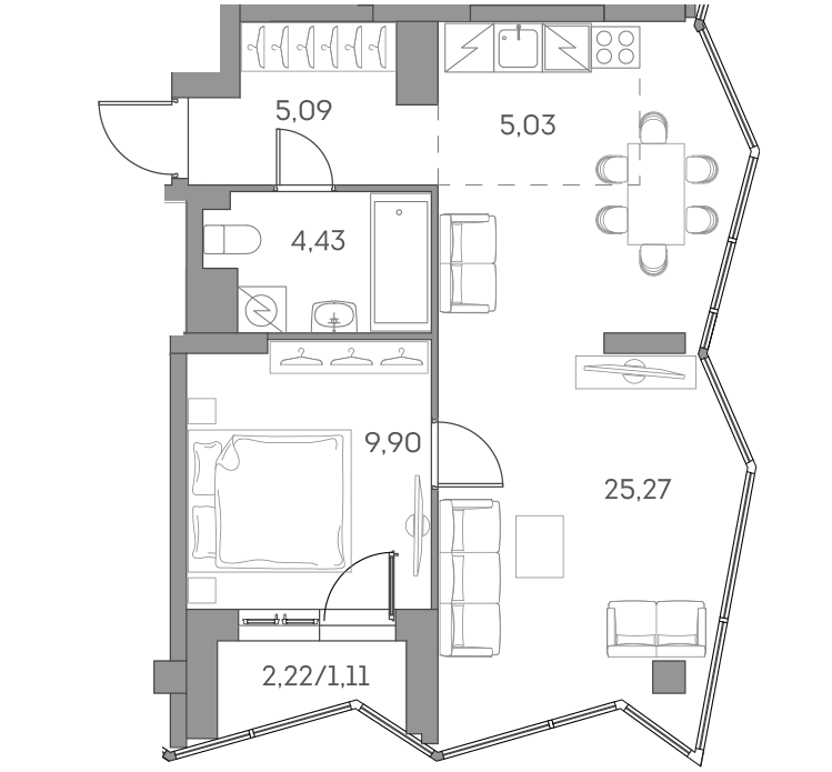 Планировка евродвушка (2Е) 50.83 м² в ЖК «Аквилон БИСАЙД 2.0», корпус 1
