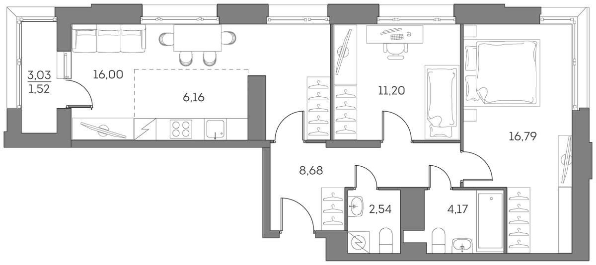Планировка евротрёшка (3Е) 67.06 м² в ЖК «Аквилон БИСАЙД 2.0», корпус 1