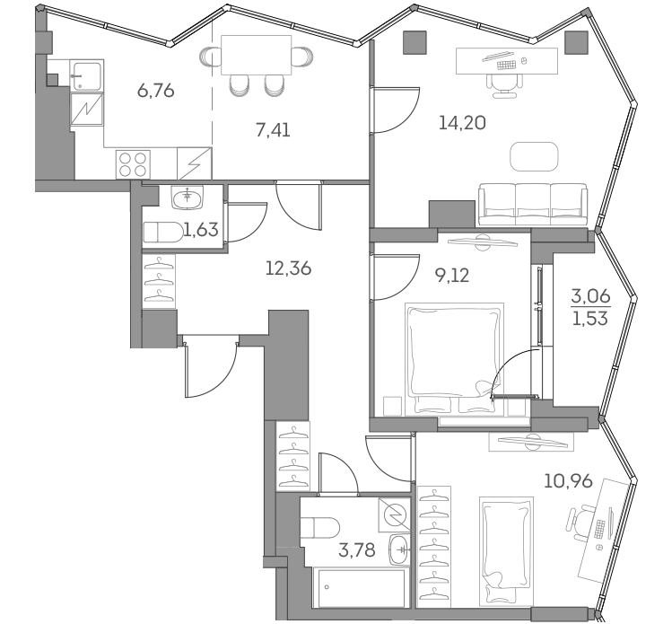 Планировка евро-4 (4Е) 67.75 м² в ЖК «Аквилон БИСАЙД 2.0», корпус 1