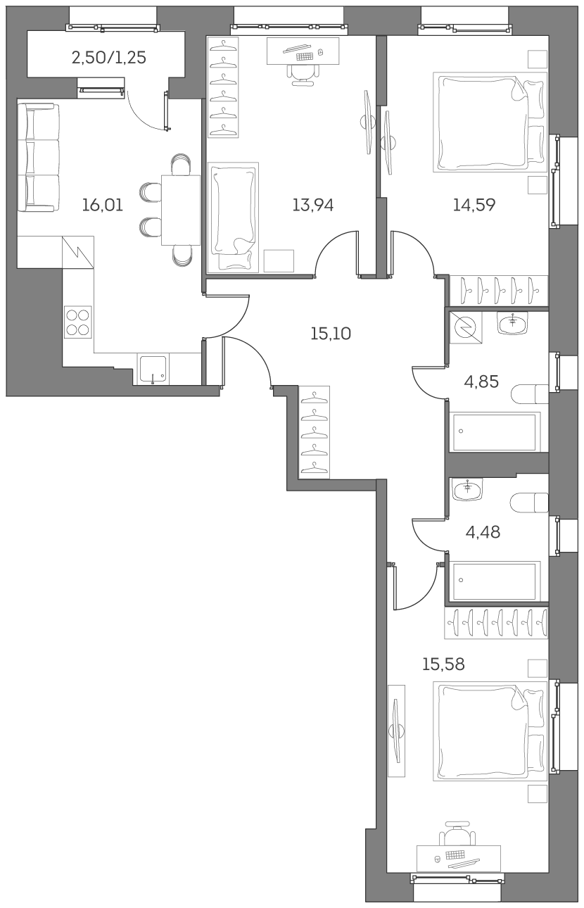 Планировка евро-4 (4Е) 85.8 м² в ЖК «Аквилон БИСАЙД 2.0», корпус 1