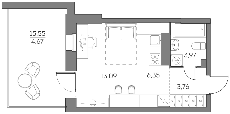 Планировка Студии 31.84 м² в ЖК «Аквилон БИСАЙД 2.0», корпус 1