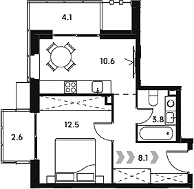 Планировка однокомнатная 41.7 м² в ЖК «Аквилон Сигнал», корпус 1